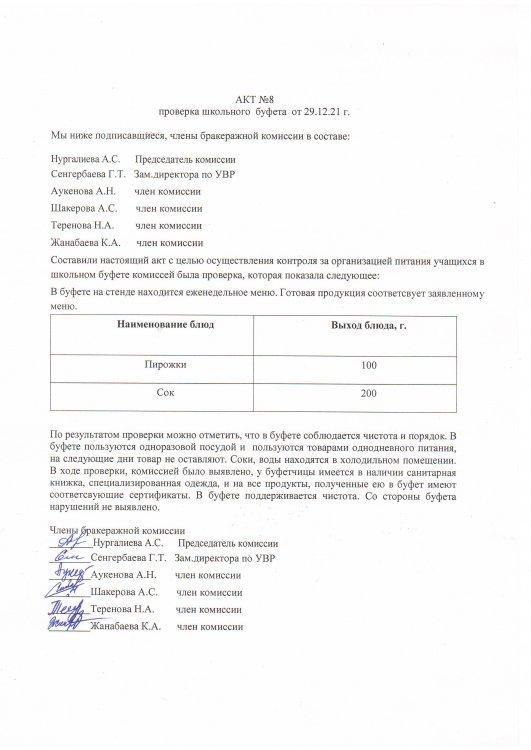 Акт №8 проверки школьной столовой от 29.12.2021 г.
