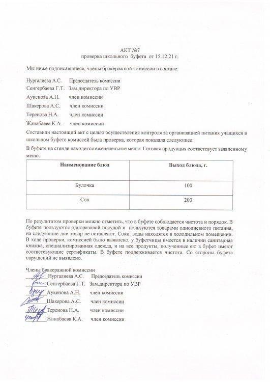 Акт №7 проверки школьной столовой от 15.12.2021 г.