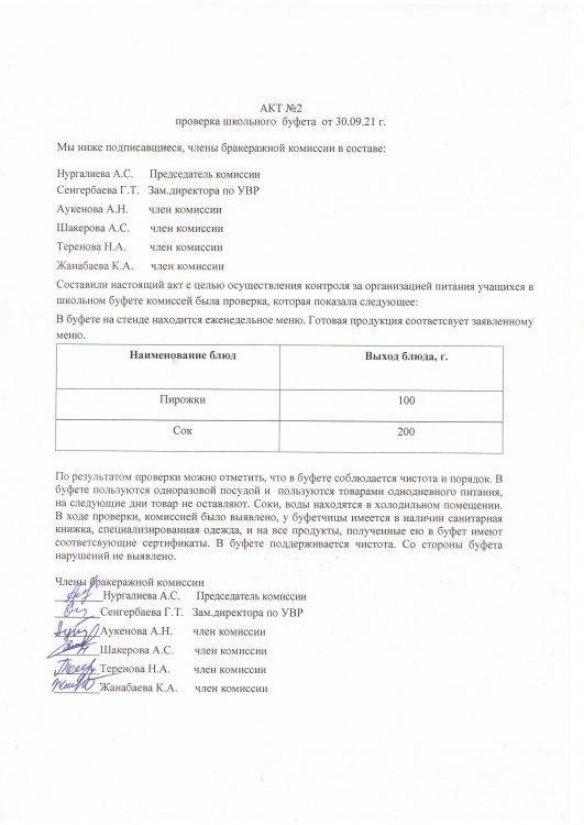 Акт №2 проверки школьной столовой от 30.09.2021 г.