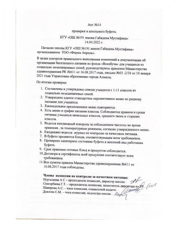 АКТ № 14 14.04.2022 г проверки школьного буфета